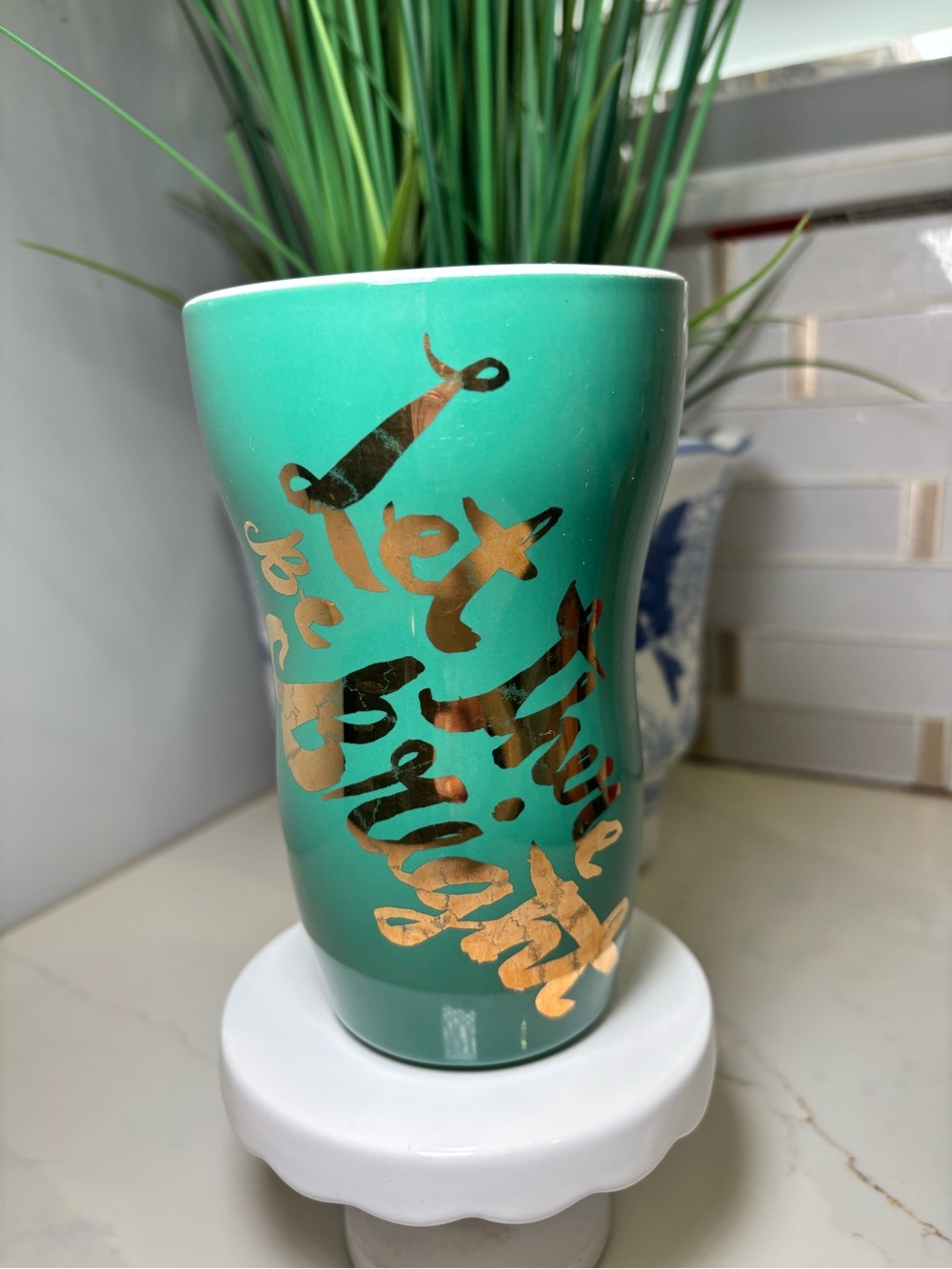Starbucks 2014 Holiday Green Travel Mug Tumbler Let There Be Bright Gold NO LID